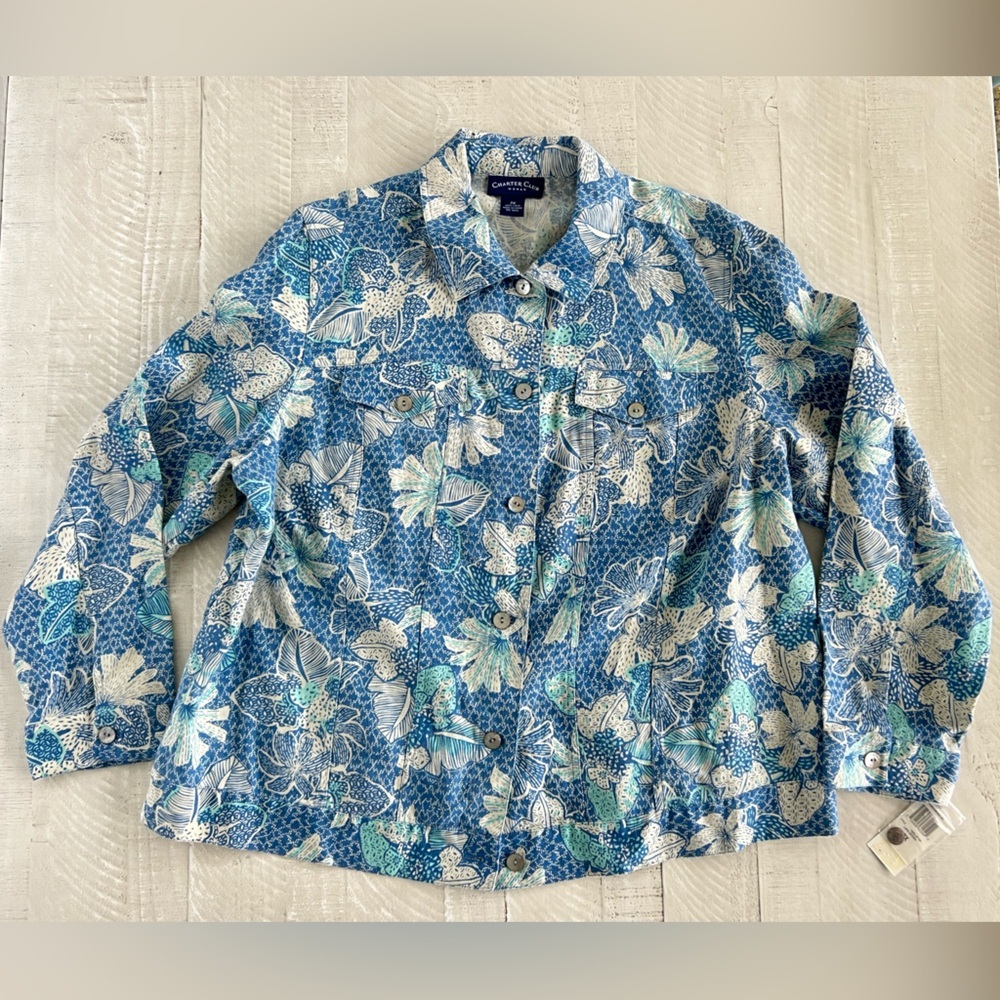 100% Linen Women’s Charter Club Blue, Aqua & White Floral  Jacket size 2XL NWT